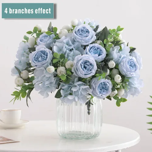 Miniatura 2 de 2 racimos de peonías artificiales, peonías pequeñas de seda azul, arreglos florales de hortensias falsas, centro de mesa, flores sintéticas