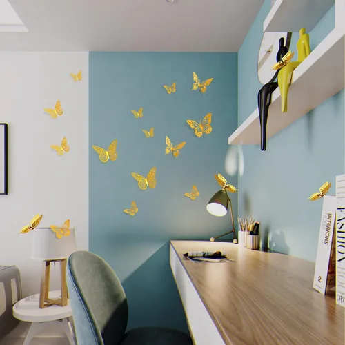 Miniatura 4 de SAOROPEB Decoración de pared de mariposa 3D, 48 piezas, 4 estilos, 3 tamaños, decoraciones de mariposa dorada para celebraciones de cumpleaños