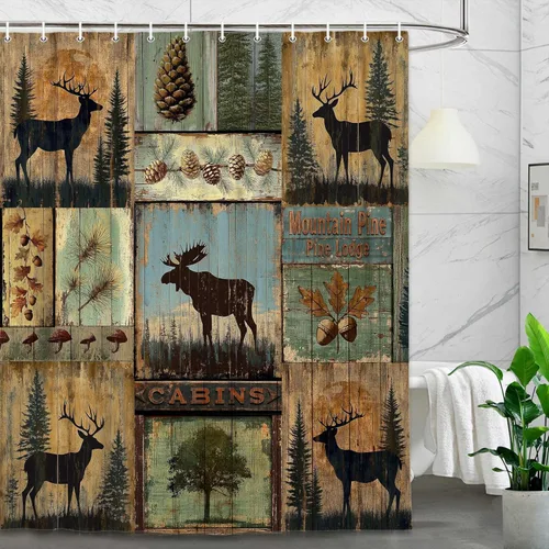 Cortina de ducha rústica para baño, cortina de baño vintage con diseño de oso antiguo, alce, bosque, cortina de ducha con ganchos, juego de cortina