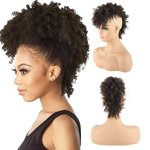 Miniatura 14 de KRSI Cola de caballo de pelo alto afro con flequillo, moño sintético rizado Mohawk Kinkys rizado cola de caballo con clip en colas de caballo