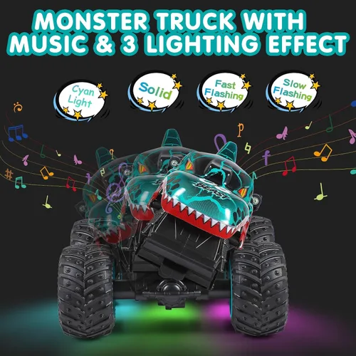 Miniatura 4 de DYODYORC Auto a control remoto, juguete de camión monstruo de dinosaurio todo terreno de 2.4 GHz, camión RC con música, 3 efectos de iluminación