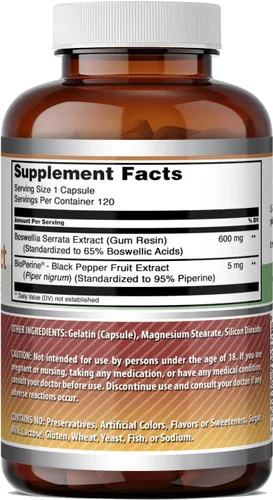 Miniatura 5 de Amazing Formulas - Extracto de boswellia con suplemento de bioperina, 600 mg por porción, cápsulas, sin OMG, sin gluten, fabricado en Estados Unidos