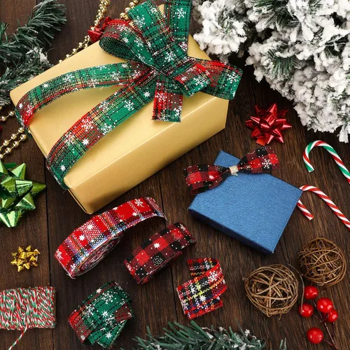 Miniatura 4 de Willbond 4 rollos de cinta de Navidad a cuadros de 24 yardas, cinta de copo de nieve, arpillera a cuadros rojos y verdes, envoltura decorativa