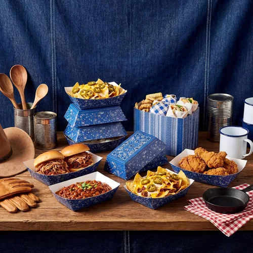 Miniatura 5 de Gejoy 120 platos de fiesta del oeste de 1 libra, platos de vaquero a granel, bandejas de papel para comida de Rodeo Cholo fiesta 250 aniversario Azul