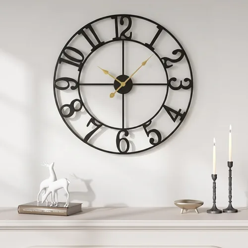 Miniatura 26 de Reloj de pared negro de 16 pulgadas decorativo, moderno reloj de metal para sala de estar, funciona con pilas, silencioso, sin tictac, números
