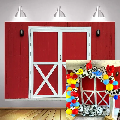 Miniatura 6 de Telón de fondo rojo para puerta de granero, granja rústica occidental, pared de madera, fondo para fotografía, fiesta de barbacoa, baby shower