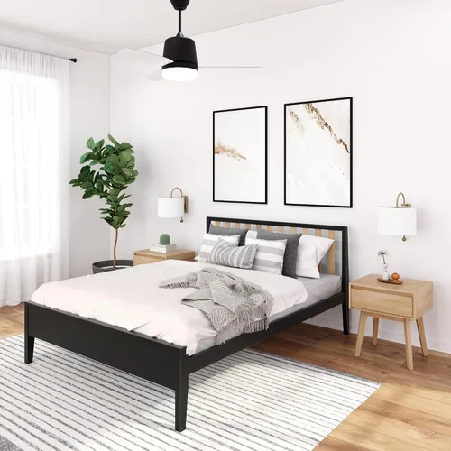 Miniatura 12 de Plank+Beam Base de cama individual moderna de madera maciza con cabecera de listones, plataforma escandinava con soporte de listones de madera, Negro