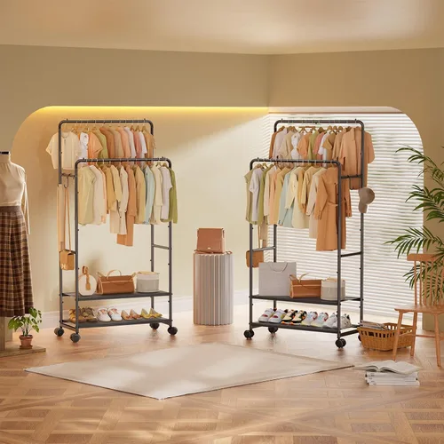 Miniatura 8 de Simple Trending Perchero para colgar ropa, perchero de doble barra con estantes, carga de 400 libras, perchero con ruedas, color negro