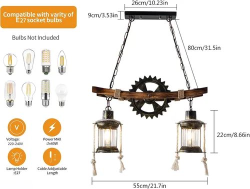 Miniatura 4 de Lámpara colgante de madera vintage industrial estilo vintage, lámpara de loft retro, lámpara de suspensión para cafetería, restaurante, isla