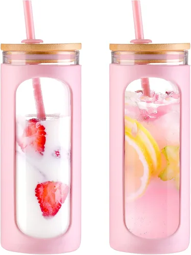 Miniatura 44 de Kodrine Vaso para agua de vidrio de 20 onzas con popote y tapa, botella de agua con tapas de bambú, taza para café helado, reutilizable, boca ancha