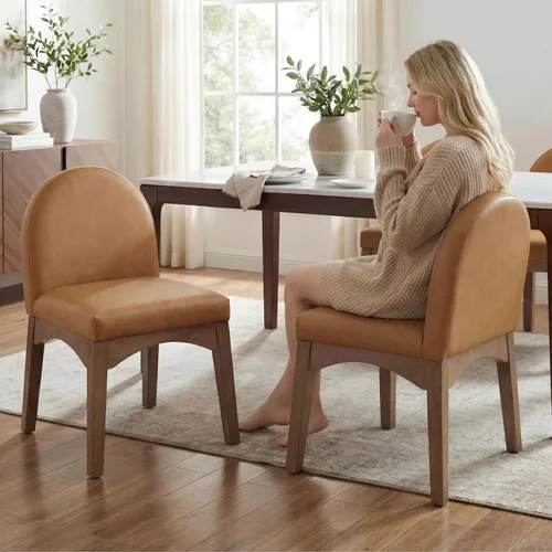 Miniatura 12 de HNY Juego de 2 sillas de comedor modernas de mediados de siglo, sillas de comedor tapizadas de tela de lino, sillas de cocina sin brazos con patas