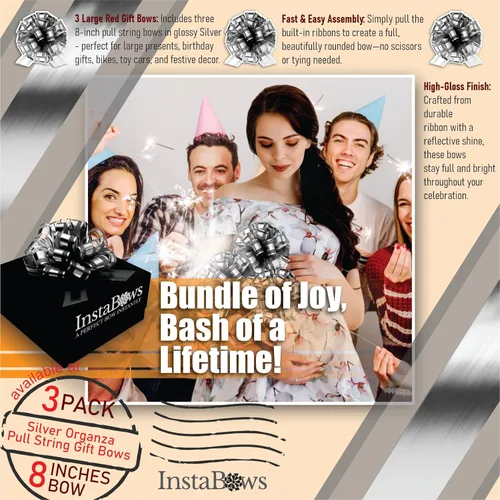 Miniatura 3 de Paquete de 3 lazos de regalo de organza plateada de 8 pulgadas, lazos grandes de cinta de encaje para envolver regalos, regalos de gran