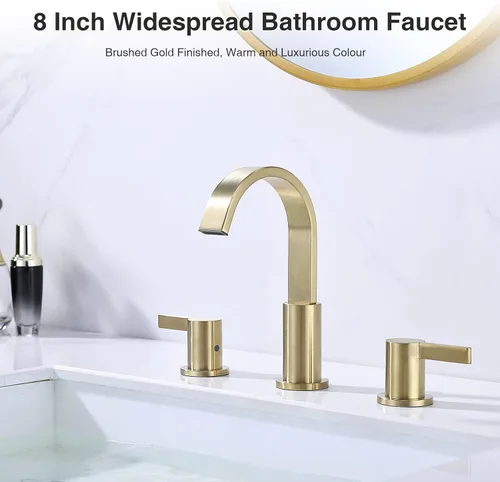 Miniatura 2 de TRUSTMI Grifo de baño dorado cepillado de 8 pulgadas, 3 agujeros, 2 manijas, latón con boquilla giratoria de 360 grados, drenaje de desbordamiento