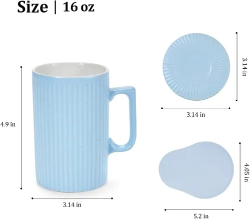 Miniatura 6 de Taza de café con tapa, taza de café de 16 onzas y taza de té con posavasos, adecuada para lavavajillas y microondas (azul)