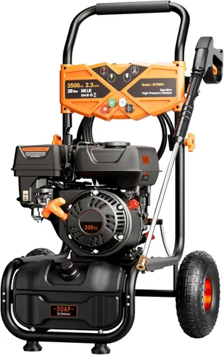 Miniatura 10 de Lavadora a presión de gas de 3500 PSI, lavadora de alta presión a gas de 2.3 GPM con motor de 209 CC, 4 boquillas ajustables, manguera de alta Azul