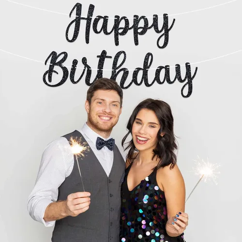 Miniatura 7 de Cartel de feliz cumpleaños pre-encordado – No DIY – Cartel negro de feliz cumpleaños para hombres y mujeres – Guirnalda preencordada en hebras de 6