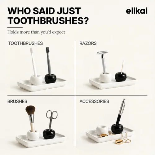 Miniatura 3 de ELIKAI Porta cepillos de dientes de cerámica con bandeja de baño, organizador de encimera para cepillos de dientes y accesorios, juego de soporte