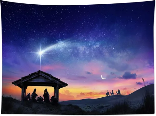 Miniatura 7 de LB Tapiz de Natividad de Jesús, tres hombres sabios, tapiz para colgar en la pared, tapiz de estrella de Belén, póster cristiano de Navidad