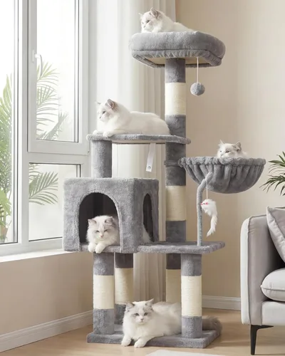 Miniatura 25 de Heybly Poste rascador para gatos, torre de árbol pequeño para gatos con 3 postes de sisal completos, cama de felpa extraíble, cepillo de aseo