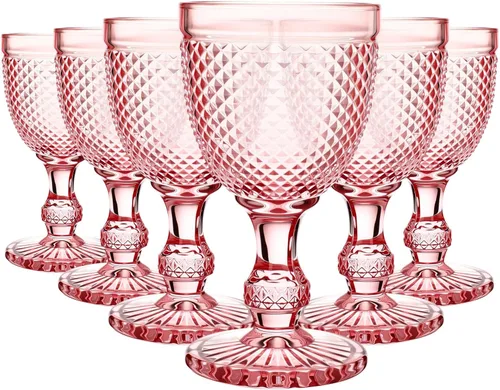 Miniatura 13 de Bokon Juego de 6 copas de vidrio ámbar de 10 onzas de alto transparente, copas de agua vintage, diseño de diamante en relieve, cristalería con tallo