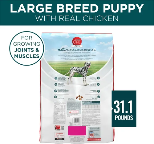 Miniatura 10 de Purina One Plus - Alimento seco para cachorros de raza grande con alto contenido en proteínas, apoyo al crecimiento, pollo real - bolsa de 31.1
