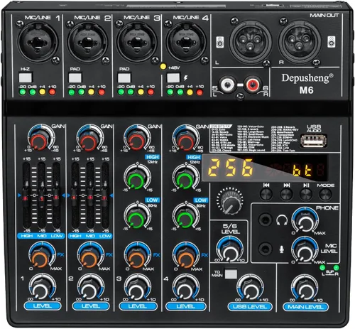 Miniatura 2 de Depusheng M4 Mezclador Mini Portátil de 4 Canales - Consola de DJ con Tarjeta de Sonido, Función Bluetooth, USB, Alimentación Fantasma de 48 V