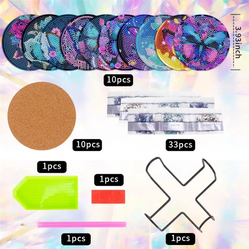 Miniatura 3 de 10 posavasos de pintura de diamante, posavasos de arte de diamante de mariposa con soporte, kits de manualidades de flores para principiantes