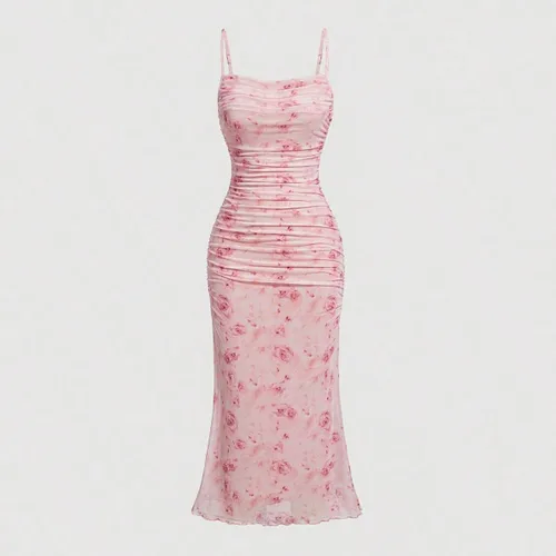 Miniatura 5 de GORGLITTER Vestido midi ajustado floral fruncido para mujer, de malla, sin mangas, con cola de pescado