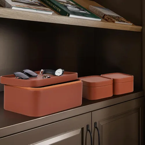 Miniatura 6 de HofferRuffer Cajas de almacenamiento decorativas de piel sintética, cestas de almacenamiento a prueba de polvo con tapas y bandejas, contenedores