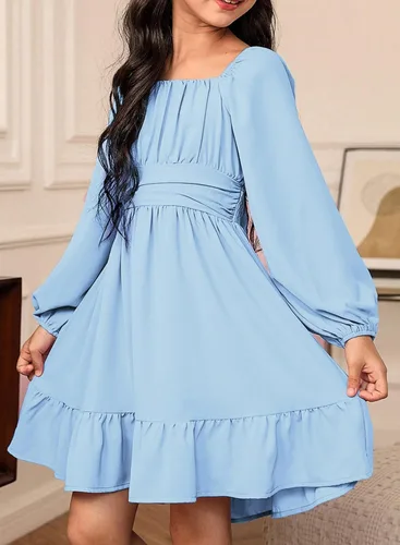 Miniatura 4 de blibean Vestido de manga larga con lazo en la espalda para niñas, vestido de otoño con hombros descubiertos, talla 6-15 años