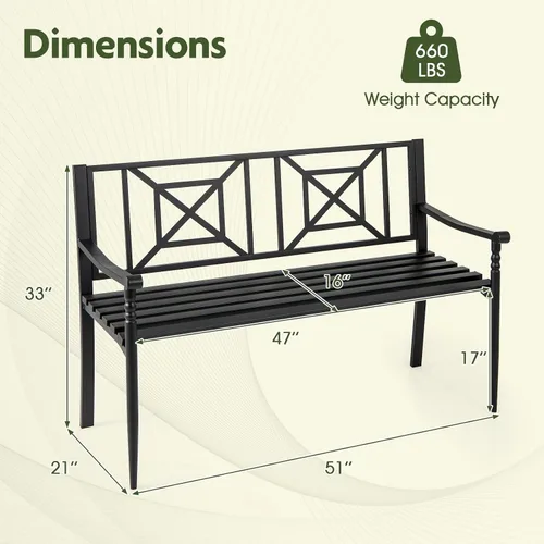 Miniatura 3 de Giantex Banco de metal para exteriores con respaldo, reposabrazos curvos, almohadillas antideslizantes, asiento de listones para 2-3 personas, carga