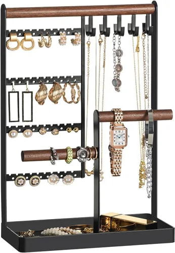 MetWoods Organizador de joyas con bandeja, organizador de joyas de 5 niveles, organizador de aretes con 48 agujeros, 10 ganchos, soporte para