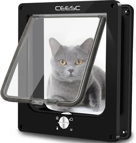 CEESC - Puerta grande para gatos para puerta interior/exterior, resistente a la intemperie, negra, puerta para mascotas con bloqueo giratorio de 4