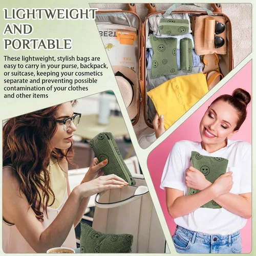 Miniatura 6 de Huhumy Juego de 3 bolsas de maquillaje para mujeres, bolsa cosmética de pana con sonrisa estética, bolsa de viaje para artículos de tocador, linda