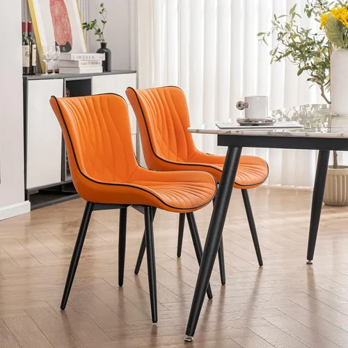 Miniatura 4 de YOUTASTE Juego de 2 sillas de comedor, modernas de mediados de siglo, tapizadas de piel sintética, con patas de metal negro, silla decorativa sin