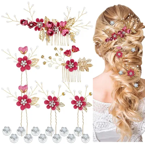 Miniatura 10 de Cinaci - 18 piezas de peines laterales para el pelo con diamantes de imitación y perlas en color burdeos para novias, para fiestas de boda, clips