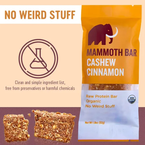 Miniatura 8 de Barra de anacardo y canela, orgánica, paleo, sin gluten y cruda por Mammoth Bar, 0.35-0.47 onzas de proteína, 1.8 onzas (10 barras)