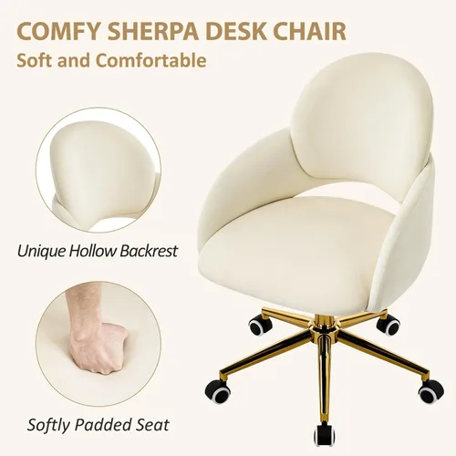 Miniatura 4 de Furniliving Silla de tocador con ruedas, linda silla de oficina tapizada con respaldo ahuecado, silla decorativa ajustable en altura con base