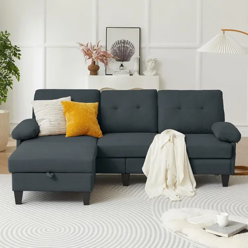 Miniatura 7 de Sofá modular convertible de 84 pulgadas, moderno sofá pequeño en forma de L de tela de lino con diván reversible, sofá de 3 asientos para sala
