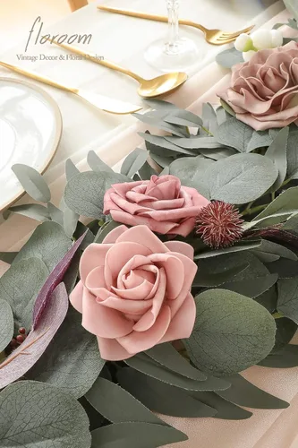 Miniatura 5 de Floroom Guirnalda de eucalipto artificial de 6 pies con flores, guirnalda de vid floral sintética para decoración de mesa, centros de mesa de boda