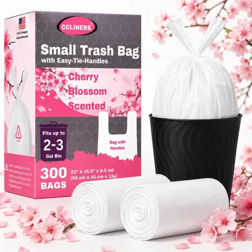 Bolsas de basura perfumadas con asas de 2.6 galones (300 bolsas), bolsas de basura pequeñas para baño, papeleras para contenedores de oficina en