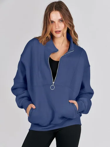 Miniatura 6 de ANRABESS Sudaderas de forro polar con media cremallera para mujer, de gran tamaño, con cremallera de un cuarto, ropa de otoño 2024, ropa de moda