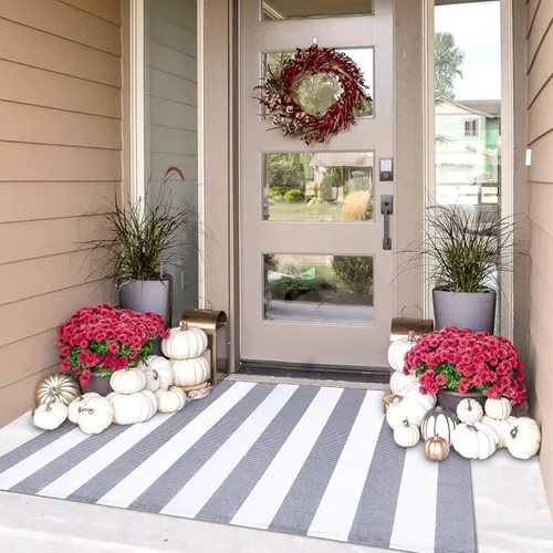 Miniatura 77 de IOHOUZE Alfombra Rayada Gris y Blanca - 27.5" X 43" Tapetes para Puerta Delantera al Aire Libre, Alfombra Lavable para Decoración de Porche