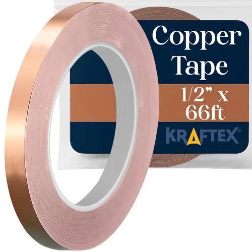 Kraftex Cinta de cobre de 1/2 pulgada x 66 pies. Cinta de lámina de cobre para soldadura de vitrales con adhesivo conductor. Gran blindaje para