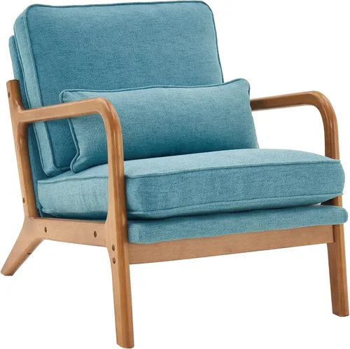 Miniatura 8 de SSLine Sillón tapizado moderno de tela de lino suave con almohada y marco de madera de roble, cómodo sofá individual con respaldo alto, silla