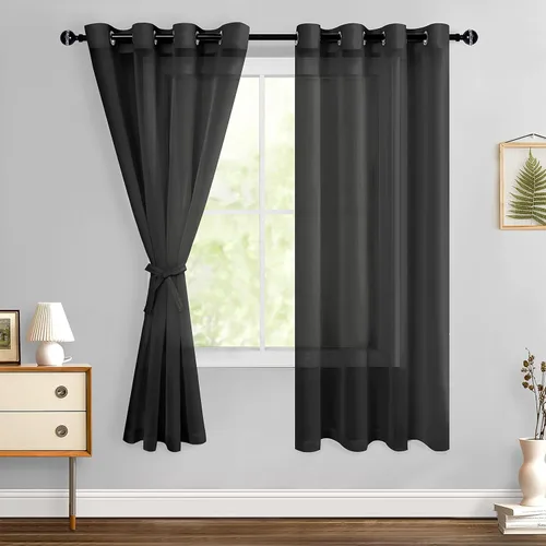 Miniatura 66 de Hiasan - Cortinas traslúcidas de gasa cortas semitransparentes con ojales y alzapaños filtrantes de luz para ventana, dormitorio, baño, 2 paneles