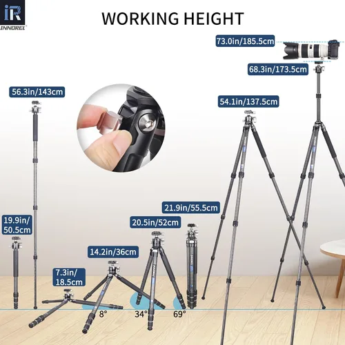 Miniatura 6 de Trípode de fibra de carbono Monopod INNOREL KT254C Trípode de viaje compacto portátil profesional para cámara DSLR, soporte de soporte de tubo
