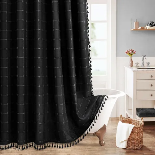 Miniatura 16 de MitoVilla Juego de cortinas de ducha estilo bohemio, modernas cortinas de ducha bohemias para decoración de baño, cortina de ducha de tela de lino