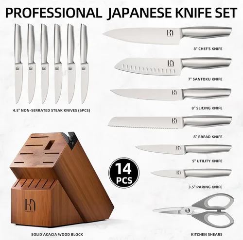 Miniatura 6 de Juego de 14 piezas de cuchillos de cocina KnifeSaga de acero inoxidable de alto carbono japonés de primera calidad con afilador incorporado, juego