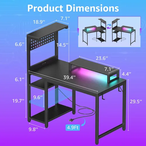 Miniatura 3 de Escritorio pequeño para juegos de 40 pulgadas con estantes de tablero de clavijas, escritorios para computadora con luces LED, tomas de corriente